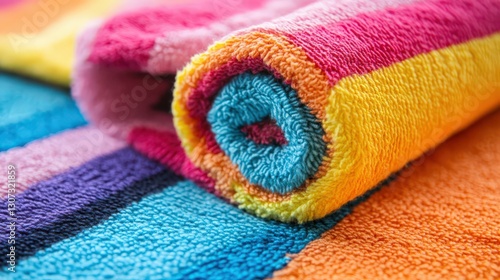 Rolled vibrant rainbow striped towel showcasing plush texture and vibrant colors