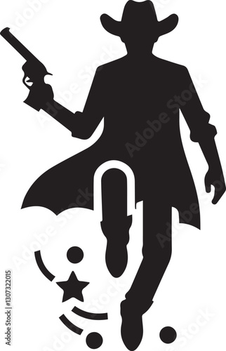 silhouette, cowboy, dancer, action, hat, boots, pose, western, country, dance, figure, man, isolated, black, style, retro, vintage, illustration, clipart, pointing