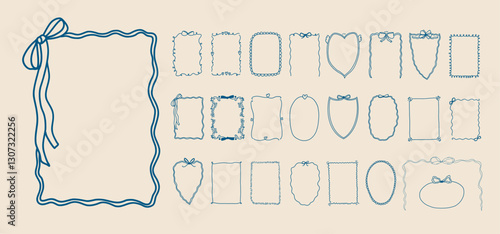 Set of doodle border frame design. Vintage ribbon bow line art corner sketch. Hand drawn coquette trendy cute wedding, menu, birthday invitation border card template. Vector outline illustration