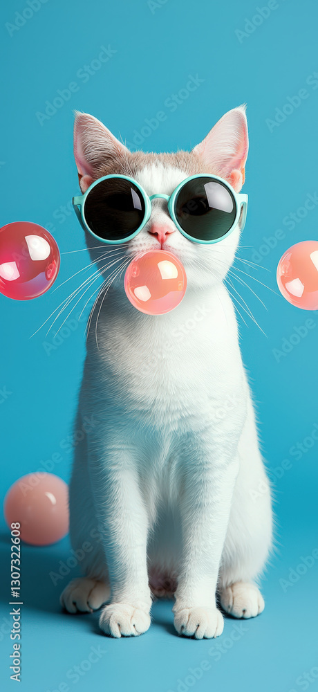 Obraz premium Stylish cat with sunglasses and bubbles on blue background