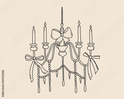 Line art whimsical chandelier. Hand drawn vintage lamp with candlestick. Sketch of interior furniture for home light. Vector outline illustration