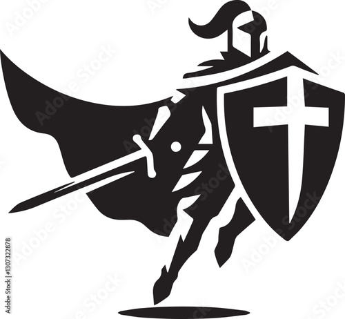 Black and white knight illustration with sword and shield design vector