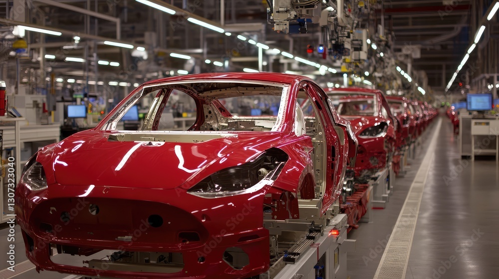 Naklejka premium Automobile assembly plant with chassis moving through automated production stations.