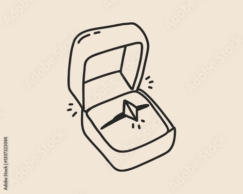 Line art ring box jewelry isolated. Whimsical engagement wedding diamond gift sketch. Coquette hand drawn marriage proposal open case with ring. Vector outline illustration