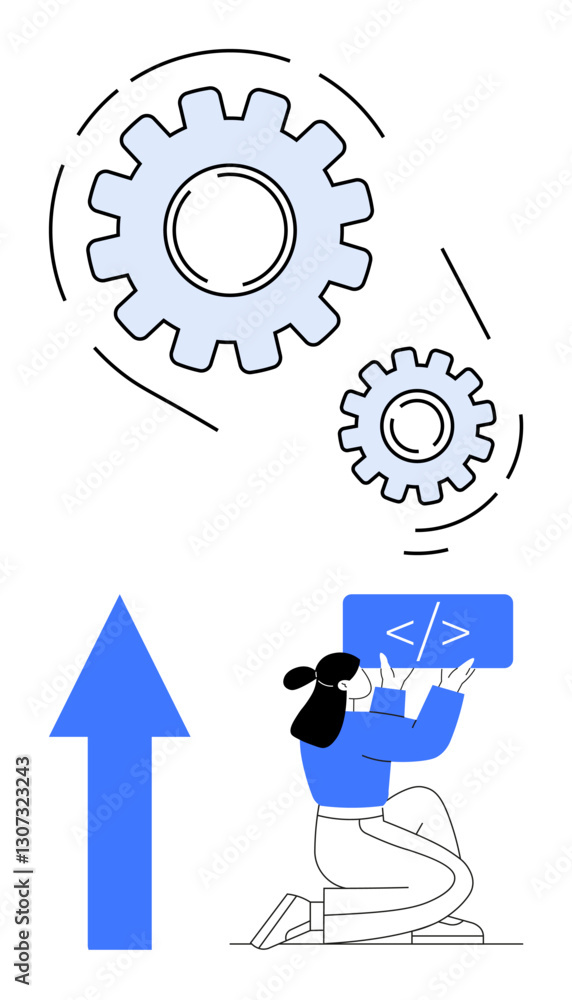 Woman holding coding board while kneeling, surrounded by gears and upward arrow. Ideal for software development, teamwork, problem-solving, innovation, growth, automation progress. Flat simple Woman holding coding board while kneeling, surrounded by gears and upward arrow. Ideal for software development, teamwork, problem-solving, innovation, growth, automation progress. Flat simple
