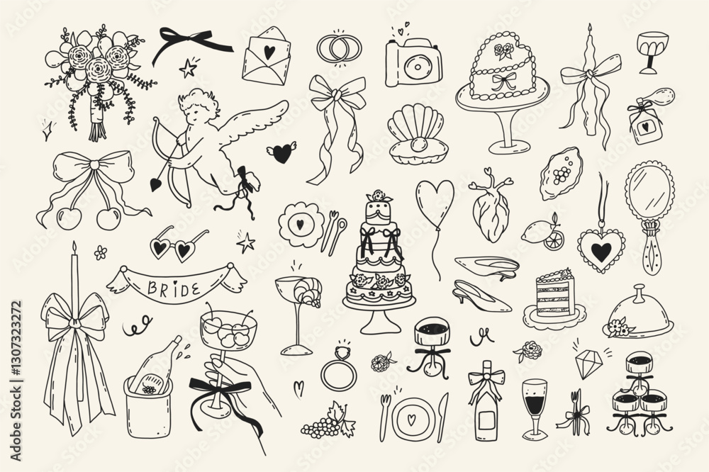 Obraz premium Set of line art wedding icon isolated. Whimsical coquette trendy hand drawn valentine doodle sketch. Vintage amore angel quirky bow, party menu, dinner card. Vector outline illustration