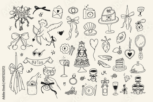 Set of line art wedding icon isolated. Whimsical coquette trendy hand drawn valentine doodle sketch. Vintage amore angel quirky bow, party menu, dinner card. Vector outline illustration