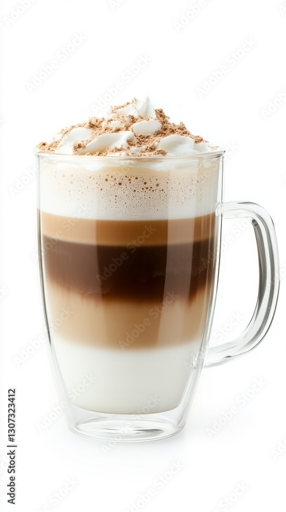 Rich cappuccino with distinct layers of coffee and milk topped with fluffy whipped cream and a dusting of cocoa, inviting warmth in a charming café ambiance Rich cappuccino with distinct layers of coffee and milk topped with fluffy whipped cream and a dusting of cocoa, inviting warmth in a charming café ambiance