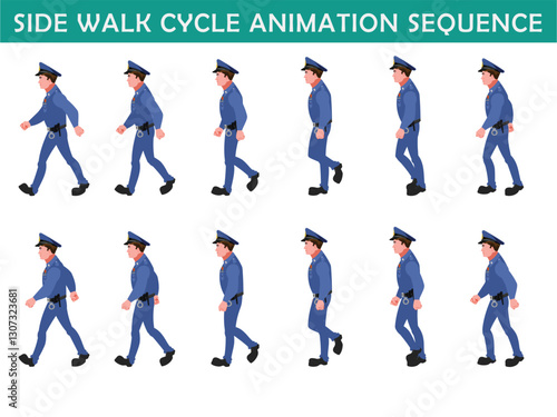 Police Officer Character walk cycle animation sequence. Front walk frame by frame animation sprite sheet.