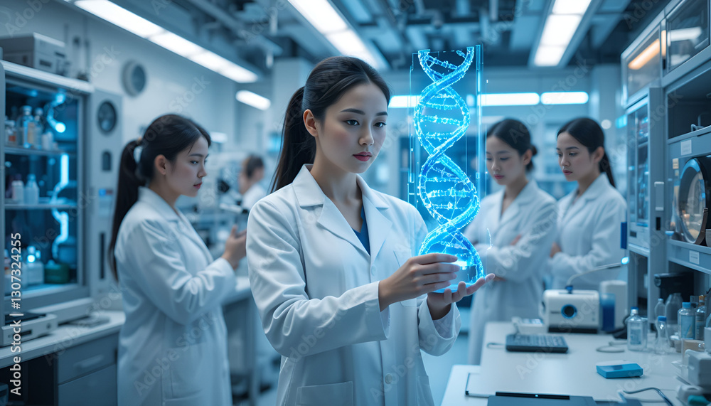 Fototapeta premium A Young Scientist Carefully Examines A Glowing Dna Strand, A Symbol Of Groundbreaking Genetic Research Within A Modern Lab, Illuminated By Cool Blue Light Isolated on Transparent Background
