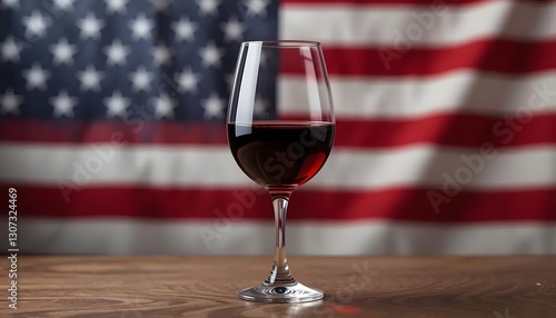 	Glass of Red Wine with a Blurred American Flag Reflection in the Background