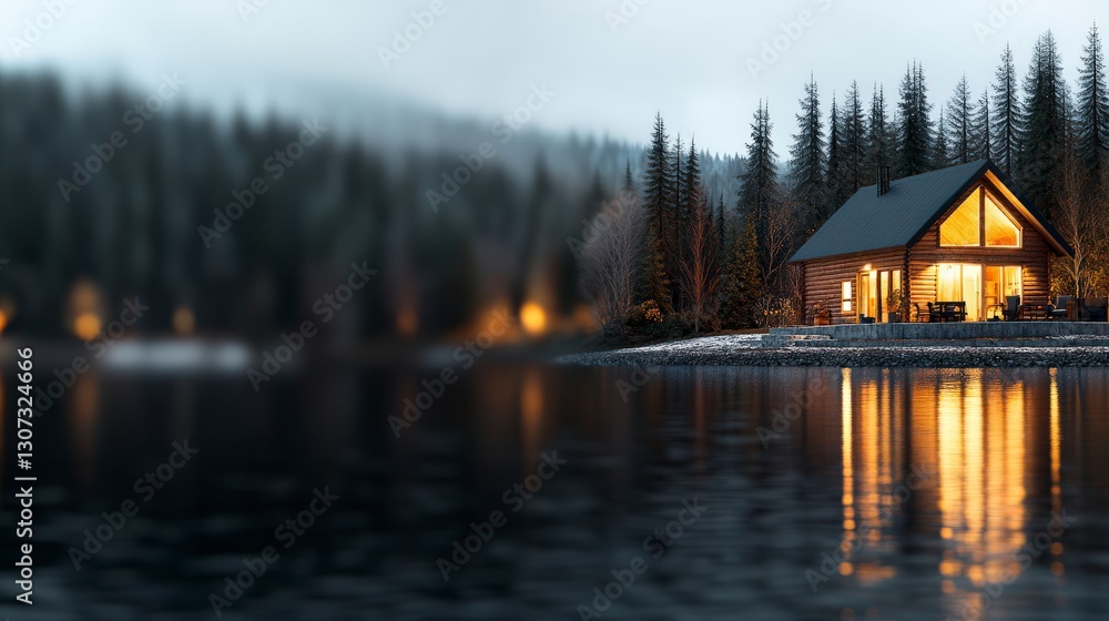 Fototapeta premium Cozy Cabin by Serene Lake Surrounded by Tall Pine Trees at Dusk with Warm Light Glowing from the Windows