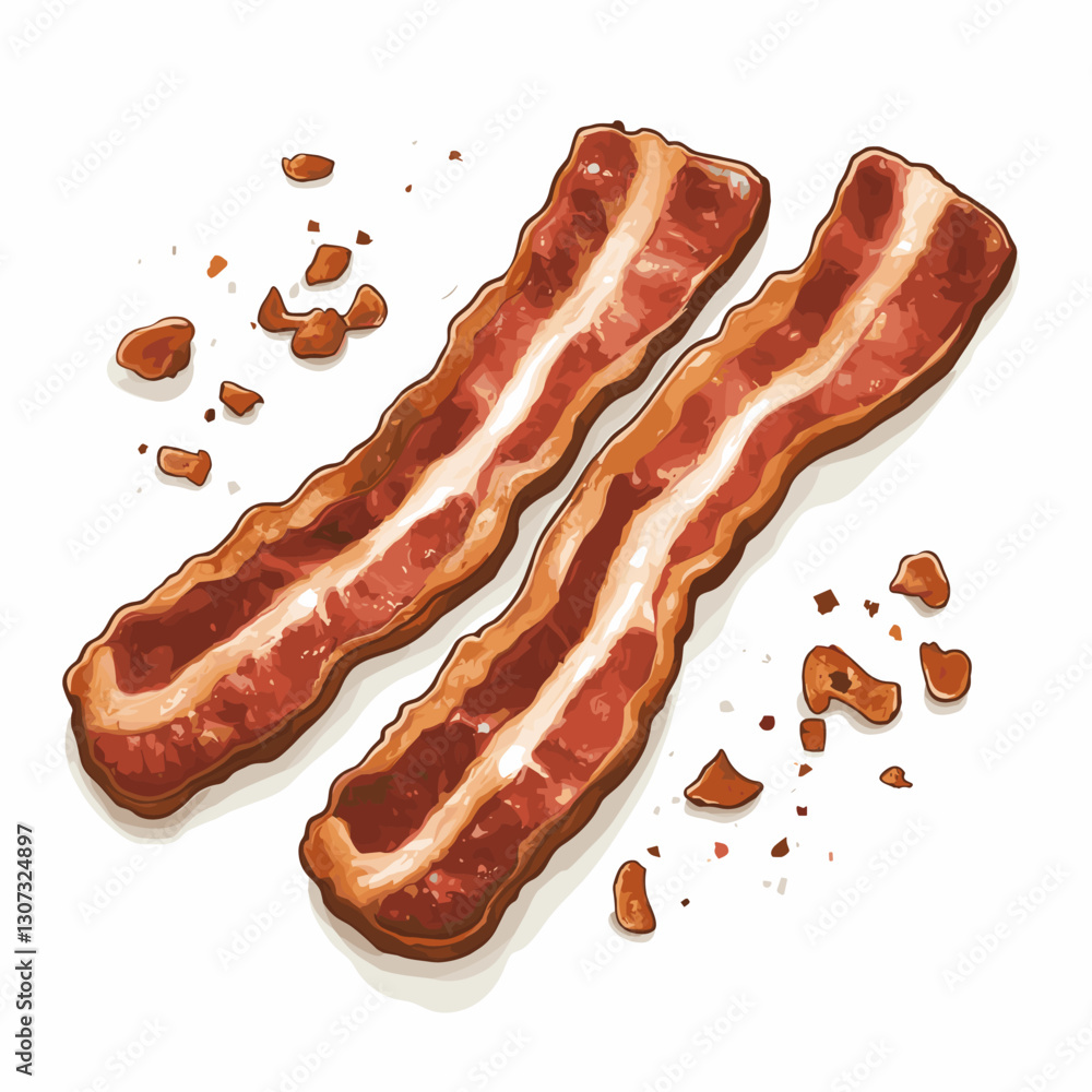 Vector image of crispy fried cooked bacon strips Food concept. Element for your design. Ingredient for cooking isolated on a white background Vector image of crispy fried cooked bacon strips Food concept. Element for your design. Ingredient for cooking isolated on a white background