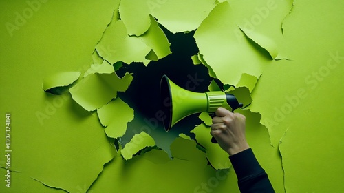 Hand holding megaphone breaking through green wall.