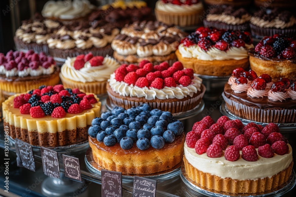Delicious cakes and tarts with fresh berries and creamy toppings Tempting display of sweet treats perfect for celebrations and dessert lovers Delicious cakes and tarts with fresh berries and creamy toppings Tempting display of sweet treats perfect for celebrations and dessert lovers