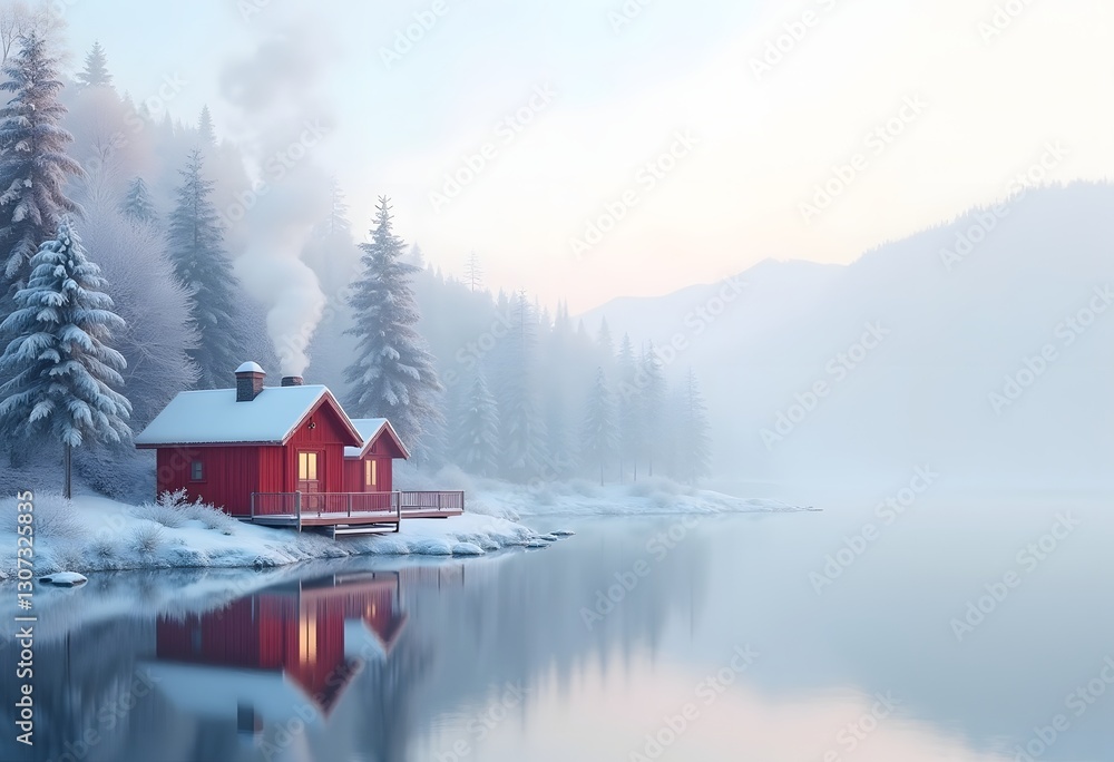 Fototapeta premium Cabin near lake Fusine in winter 