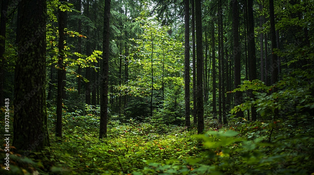 Obraz premium A dense forest scene filled with tall green trees in nature