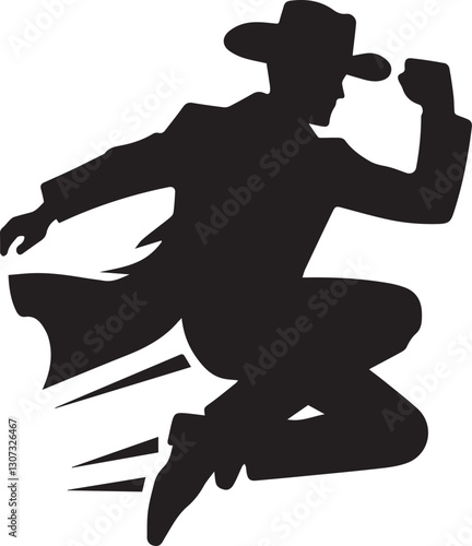 Silhouette of a cowboy jumping with style and artistic flair here now
