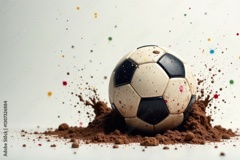 Fototapeta premium Muddy soccer ball, paint splatters, friendly expression, soft colors, book, retro, kid's book