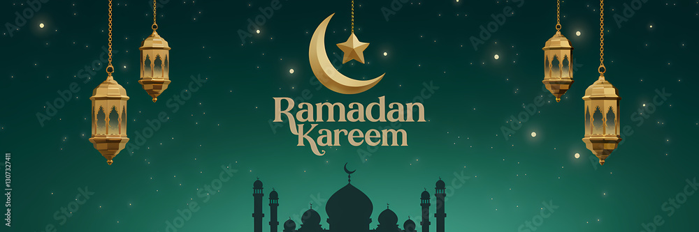 Naklejka premium Minimalist Ramadan Kareem Greeting Card Design Featuring Hanging Golden Lanterns Crescent Moon and Mosque Silhouette on Deep Green Background with Arabic Calligraphy and Elegant Islamic Ornamentation