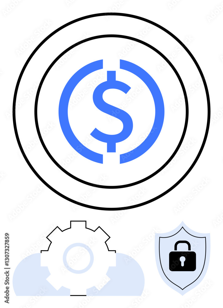 Central dollar symbol in circle emphasizes finance. Gear represents technology and process, while shield with a lock signifies security. Ideal for fintech, digital currency, banking, safe