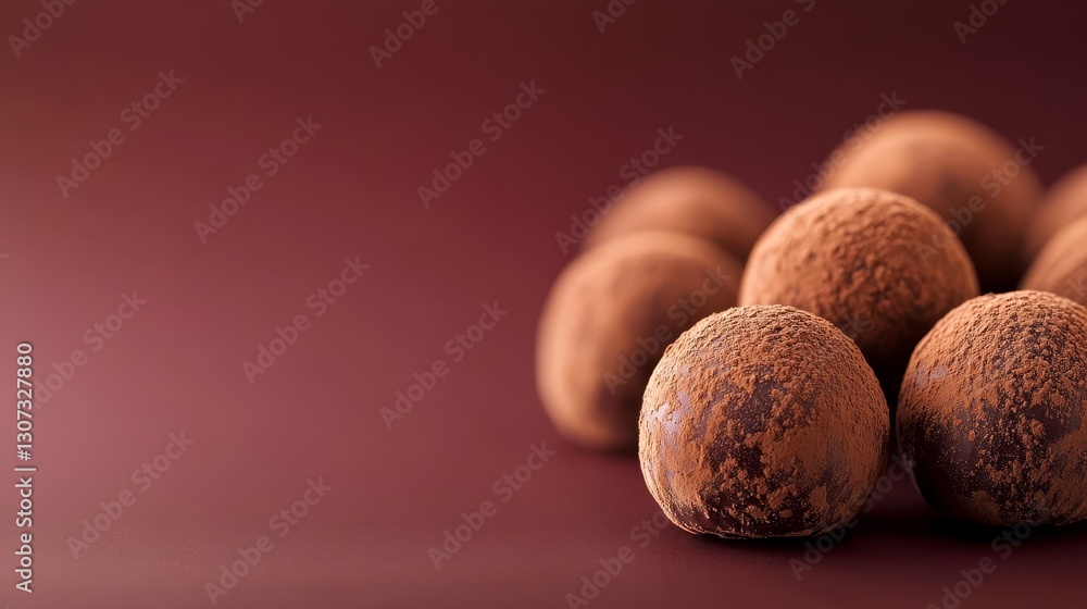 Delicious cocoa dusted chocolate truffles arranged artfully on a rich burgundy background Delicious cocoa dusted chocolate truffles arranged artfully on a rich burgundy background