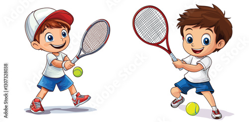 Cartoon Funny Boy Playing Tennis on white background