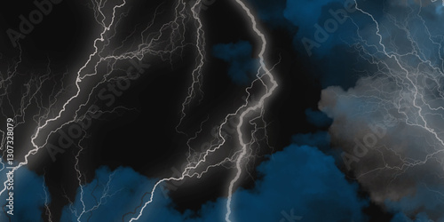 Lightning strikes in sky. Strong thunder storm in black clouds. Fork lightning striking down during summer storm. Marble texture, decorative dark stone. Blue neon.


