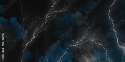 Lightning strikes in sky. Strong thunder storm in black clouds. Fork lightning striking down during summer storm. Marble texture, decorative dark stone. Blue neon.


