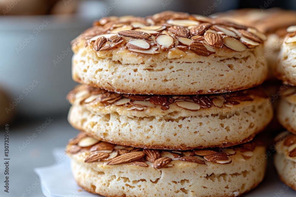 Stacked almond scones: golden brown delicious pastries adorned with sliced almonds perfect for breakfast or a sweet treat Stacked almond scones: golden brown delicious pastries adorned with sliced almonds perfect for breakfast or a sweet treat