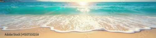 Sun-drenched sand, gentle waves caress the shore, sunbeams, water