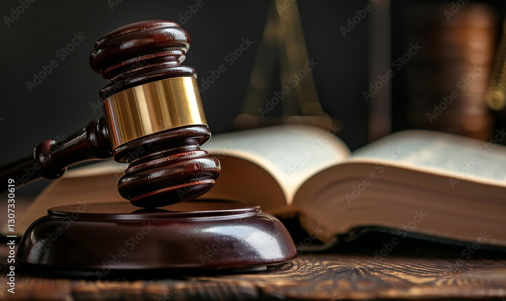 Judge’s gavel on a law book with warm lighting in a courtroom setting Judge’s gavel on a law book with warm lighting in a courtroom setting