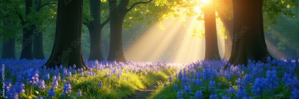 Obraz premium Sun rays pierce dense bluebell canopy, ethereal glow, flowers, dawn