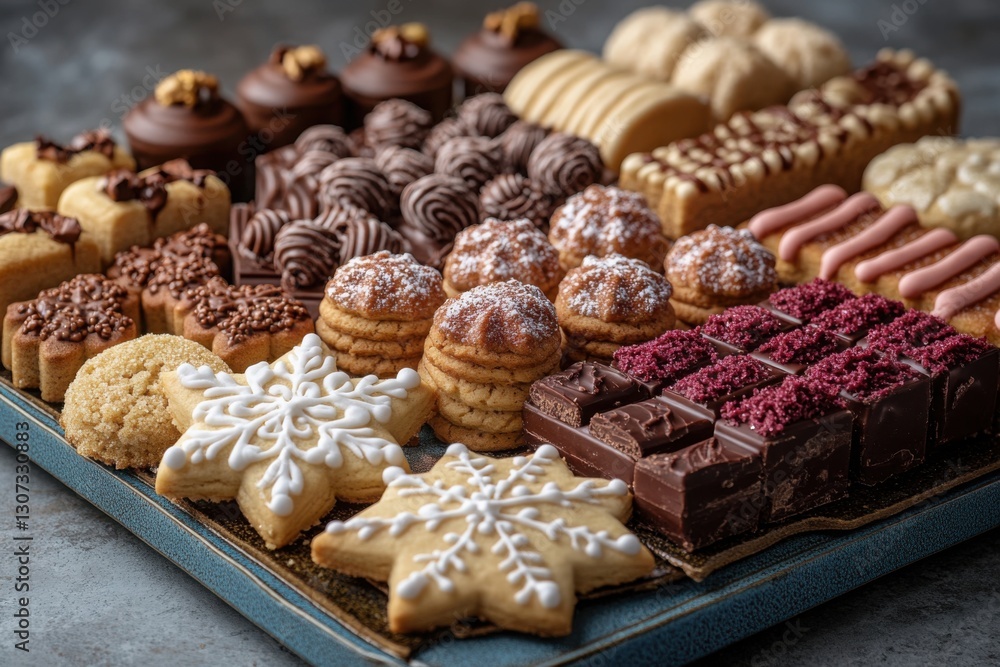 An array of festive cookies and chocolate squares displayed on a serving tray perfect for sharing during a holiday celebration An array of festive cookies and chocolate squares displayed on a serving tray perfect for sharing during a holiday celebration