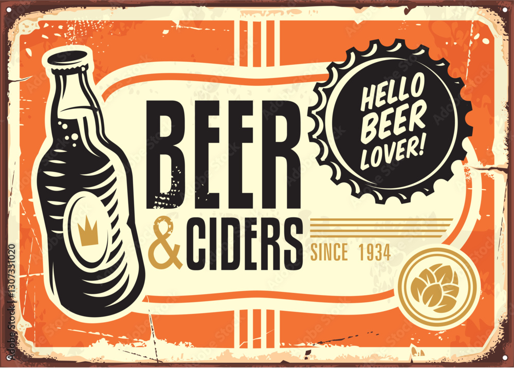 custom made wallpaper toronto digitalBeer retro sign design. Vintage pub or cafe bar advertisement with beer bottle on old metal background. Alcoholic drinks vector illustration.