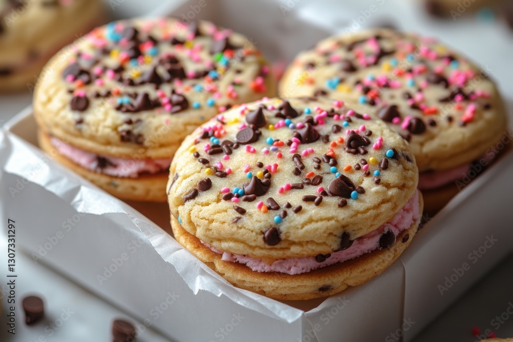 Sandwich cookies filled with pink cream adorned with chocolate chips and colorful sprinkles in a white box Sweet treat! Sandwich cookies filled with pink cream adorned with chocolate chips and colorful sprinkles in a white box Sweet treat!