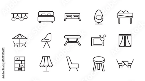 Home Decor line icon set. Kitchen, living room, decoration, bedroom, interior design, dishes, devices, finishing, household, appliances, stylish line icon set. UI thin line icon pack.