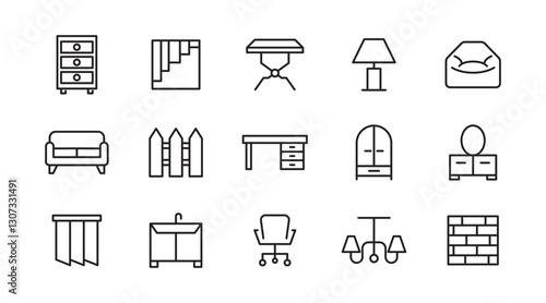 Home Decor line icon set. Kitchen, living room, decoration, bedroom, interior design, dishes, devices, finishing, household, appliances, stylish line icon set. UI thin line icon pack.