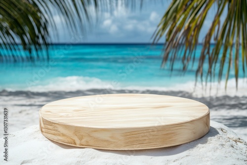 Wallpaper Mural Empty wooden round display platform on a tropical beach with palm trees and ocean in the background. Torontodigital.ca
