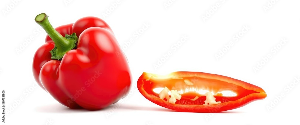 Single vibrant red bell pepper, perfectly isolated on pure white background, closeup, nutrition Single vibrant red bell pepper, perfectly isolated on pure white background, closeup, nutrition