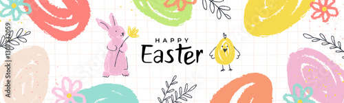 Happy Easter banner. Trendy Easter design with typography, hand painted flowers, eggs, chick and bunny in pastel colors. Modern minimal style. Horizontal poster, greeting card, header for web website
