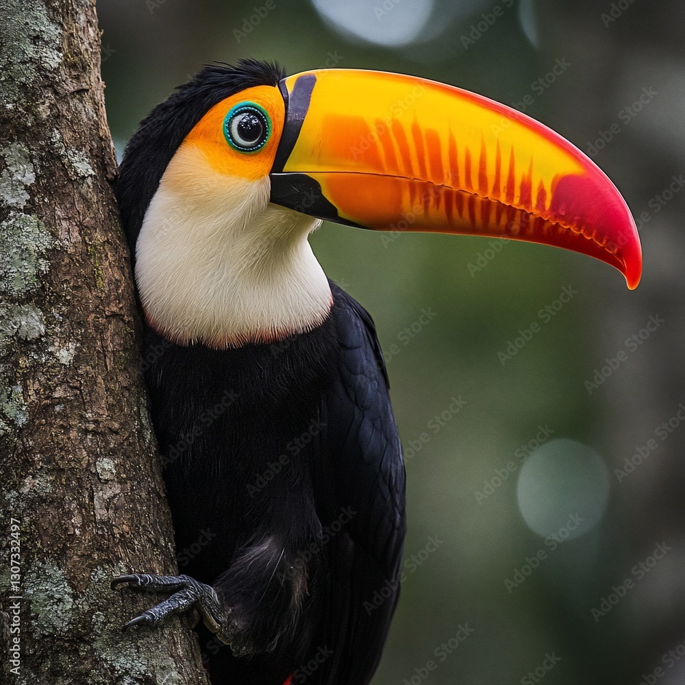 Naklejka premium Vibrant toucan perched on tree trunk, showcasing its colorful beak and striking eyes.