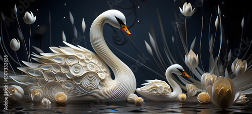 Fototapeta Naklejka Na Ścianę i Meble -  quilling paper swan family, ai generative