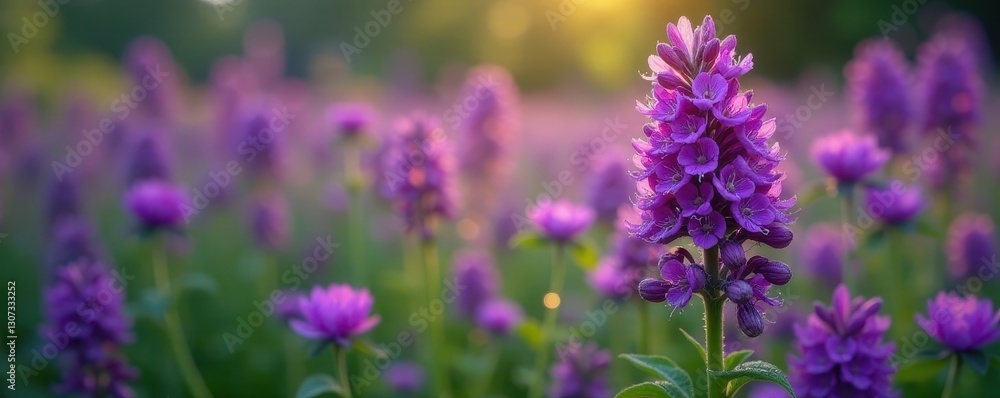 Dense cluster of deep purple wildflowers, dewy petals, countryside, vibrant Dense cluster of deep purple wildflowers, dewy petals, countryside, vibrant