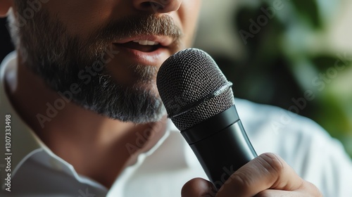 Closeup Professional male announcer speaking into a microphone, confident voice and expressive gestures