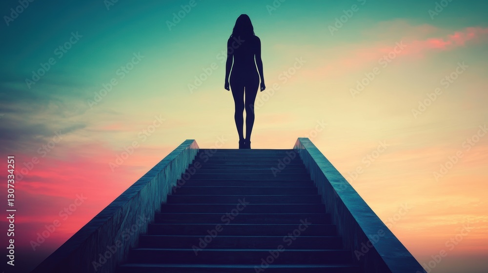 Silhouette of a Woman Standing on Steps Against a Vibrant Sunset Sky with Colorful Gradients of Orange, Pink, and Blue in Beautiful Evening Light Silhouette of a Woman Standing on Steps Against a Vibrant Sunset Sky with Colorful Gradients of Orange, Pink, and Blue in Beautiful Evening Light