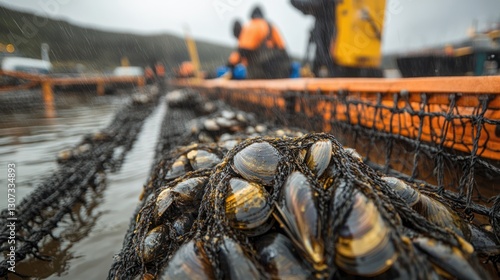 Close-up of mussels in harvesting net.