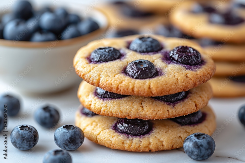 Stack of blueberry cookies: a delicious treat Fresh blueberries in a bowl and scattered around the cookies Sweet and tempting dessert Stack of blueberry cookies: a delicious treat Fresh blueberries in a bowl and scattered around the cookies Sweet and tempting dessert