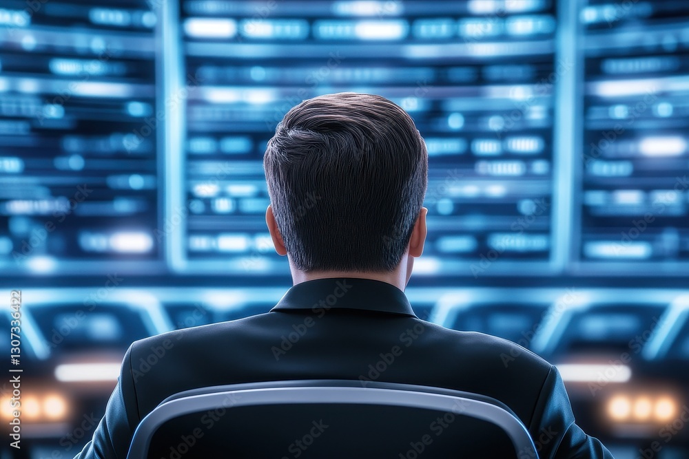 Fototapeta premium Man Analyzing Digital Display Full Of Data Streams
