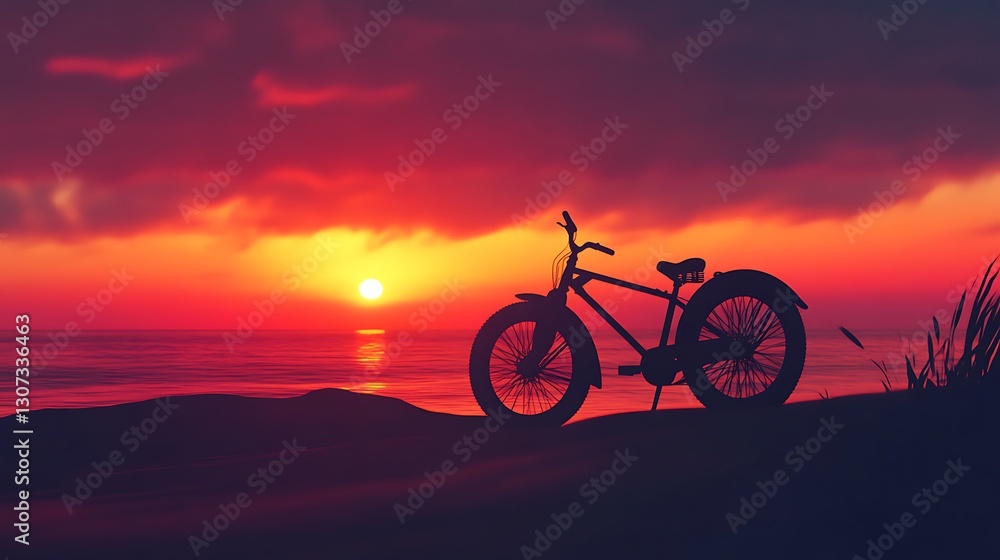 Fototapeta premium A silhouette bicycle is positioned against a sunset ocean view